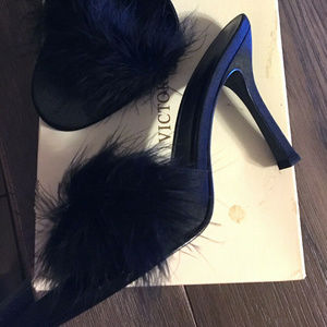 Victoria Secret Black Feather Maribou Heels Mules